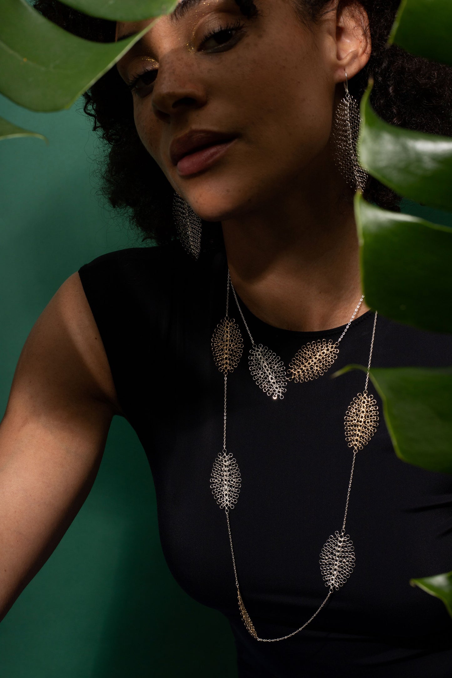 Collier Feuilles Sautoir Argent et Or