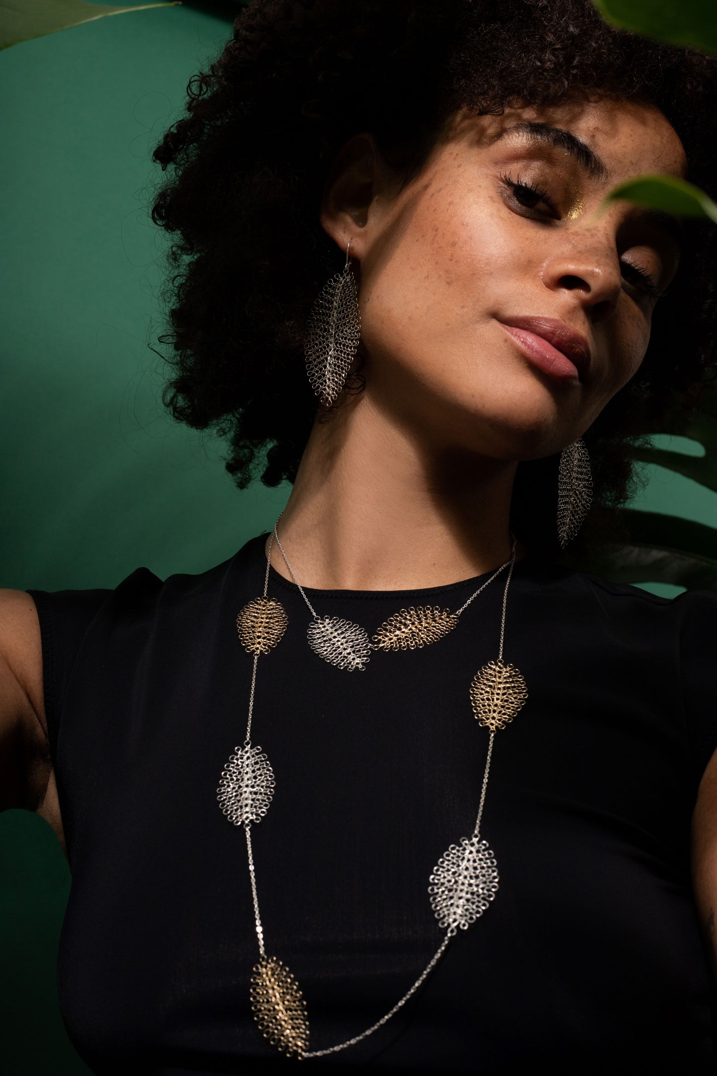 Collier Feuilles Sautoir Argent et Or