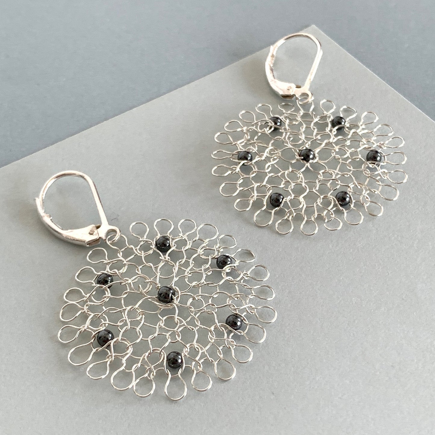 Boucles d'oreilles Rosaces Argent et Hématites